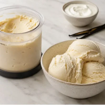 Helado de vainilla junto al vaso del Ninja Creami