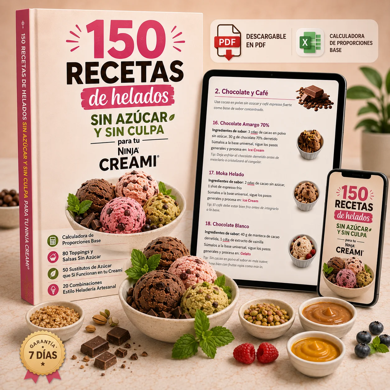 Portada del recetario 150 Recetas de Helados sin azúcar y sin culpa para tu Ninja Creami