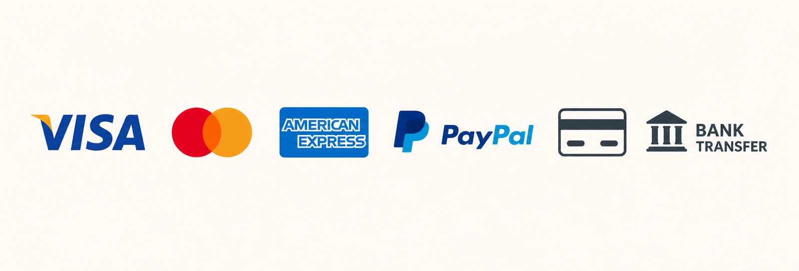 Métodos de pago aceptados: Visa, Mastercard, American Express, PayPal, tarjeta y transferencia bancaria