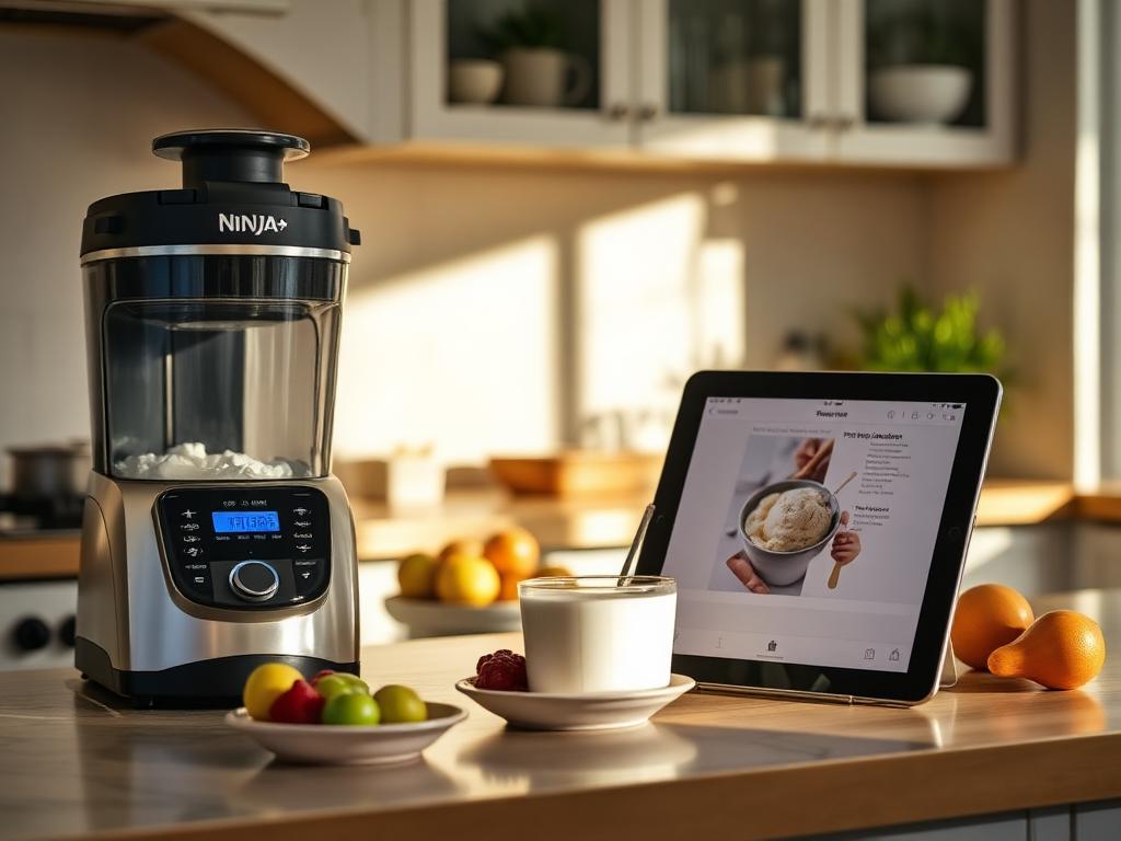 Vaso del Ninja Creami en la encimera junto a una tablet con una receta y fruta fresca